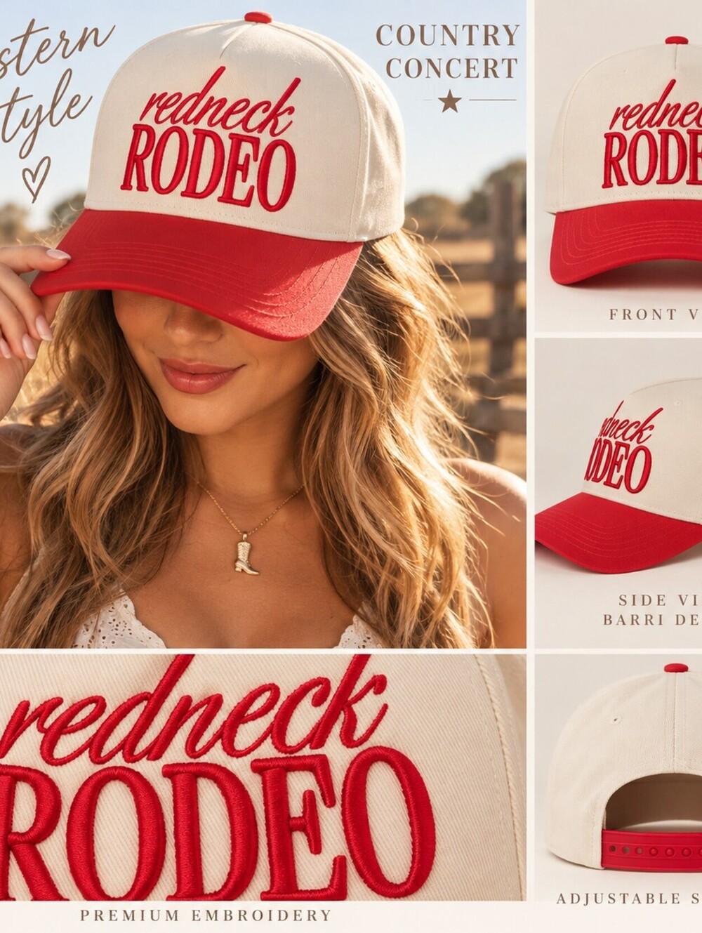 Barri Redneck Rodeo Trucker Hat Red Cream Snapback Western Country Cowboy NIB